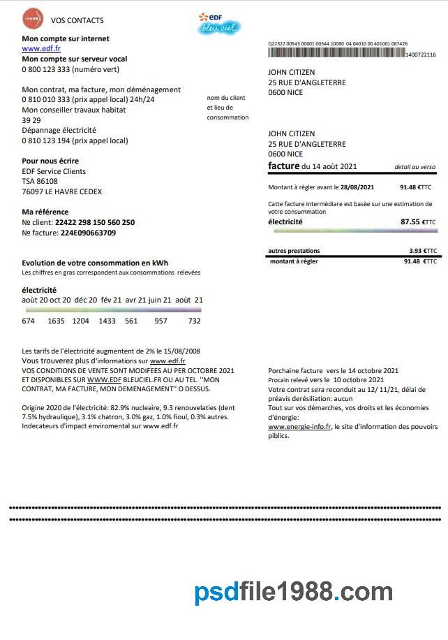 France EDF Proof of Address Utility Bill